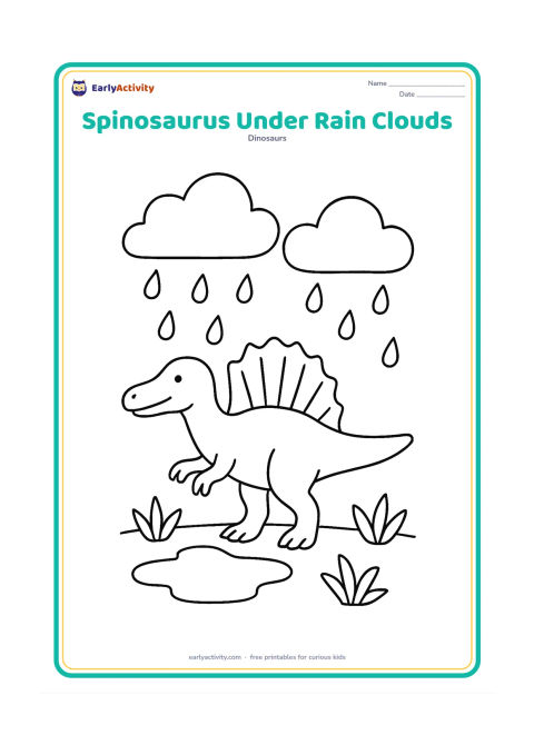 Colouring page: A Spinosaurus walks beside a puddle beneath two large rain clouds. Include its sail, long snout, tail, several wide raindrops and two simple water plants.