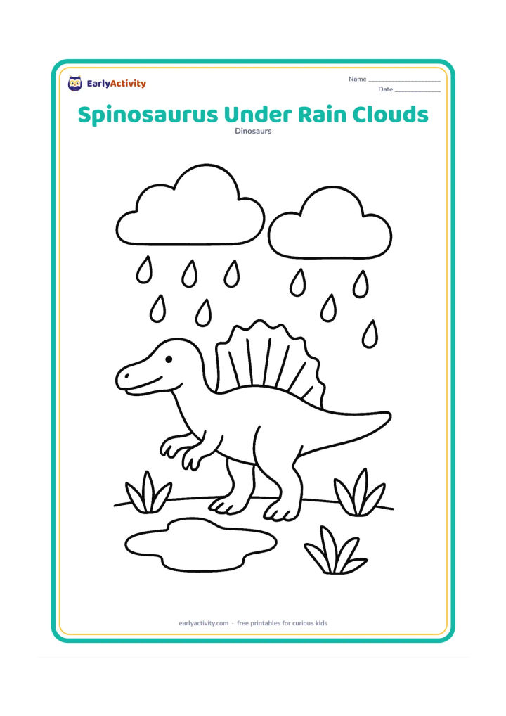 Colouring page: A Spinosaurus walks beside a puddle beneath two large rain clouds. Include its sail, long snout, tail, several wide raindrops and two simple water plants.