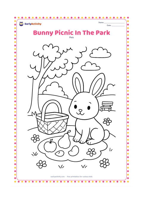 Colouring page: Draw a bunny sitting beside a picnic basket and a round cloth under a leafy park tree. Add a few fruit pieces, scattered flowers, a distant bench, and open sky between the branches.