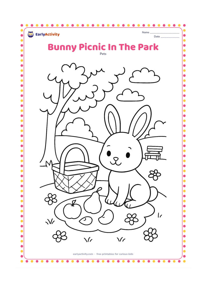 Colouring page: Draw a bunny sitting beside a picnic basket and a round cloth under a leafy park tree. Add a few fruit pieces, scattered flowers, a distant bench, and open sky between the branches.