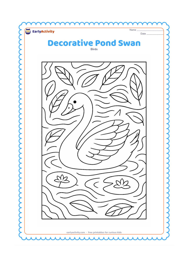Colouring page: A swan rests in the centre of a decorative pond surrounded by repeating feather shapes, leaves, lily pads, and curved water patterns. Arrange the natural motifs around the bird without…