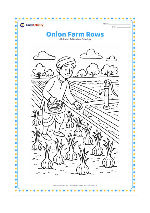 Colouring page: Draw an Indian farm field with neat rows of onions, a farmer carrying a small basket, a water channel, a simple hand pump and distant trees. Show several onions partly above the soil…