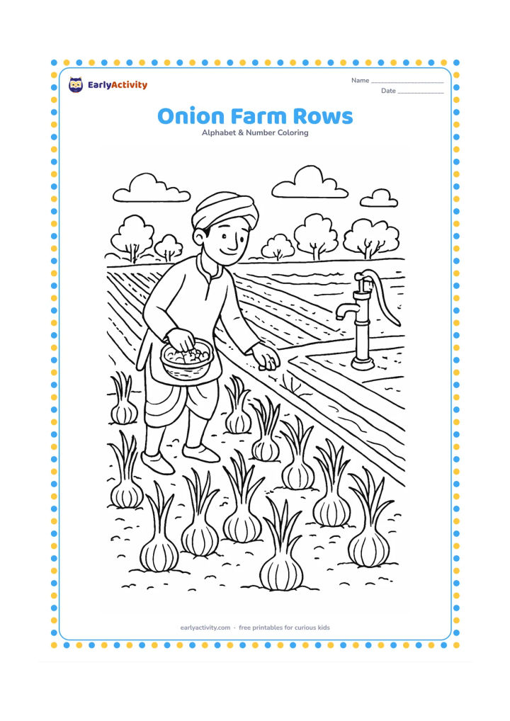 Colouring page: Draw an Indian farm field with neat rows of onions, a farmer carrying a small basket, a water channel, a simple hand pump and distant trees. Show several onions partly above the soil…