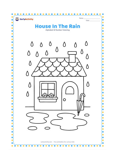 Colouring page: A cheerful small house stands during a gentle rain shower, with raindrops, puddles, a window flower box, and an umbrella leaning near the door. Keep all house surfaces blank and free of…