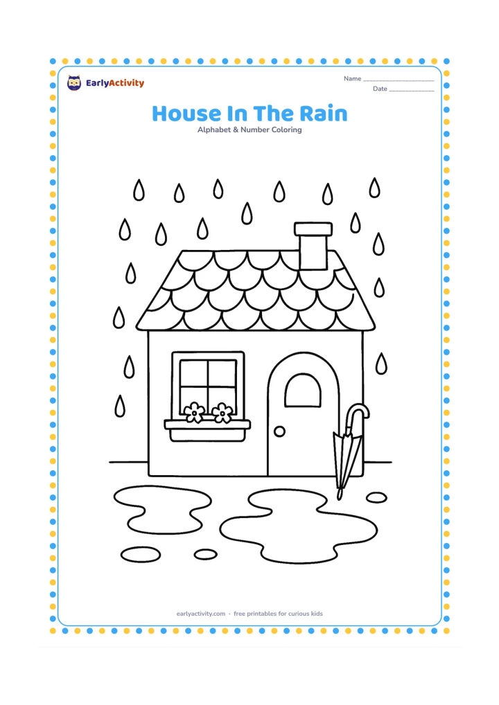 Colouring page: A cheerful small house stands during a gentle rain shower, with raindrops, puddles, a window flower box, and an umbrella leaning near the door. Keep all house surfaces blank and free of…