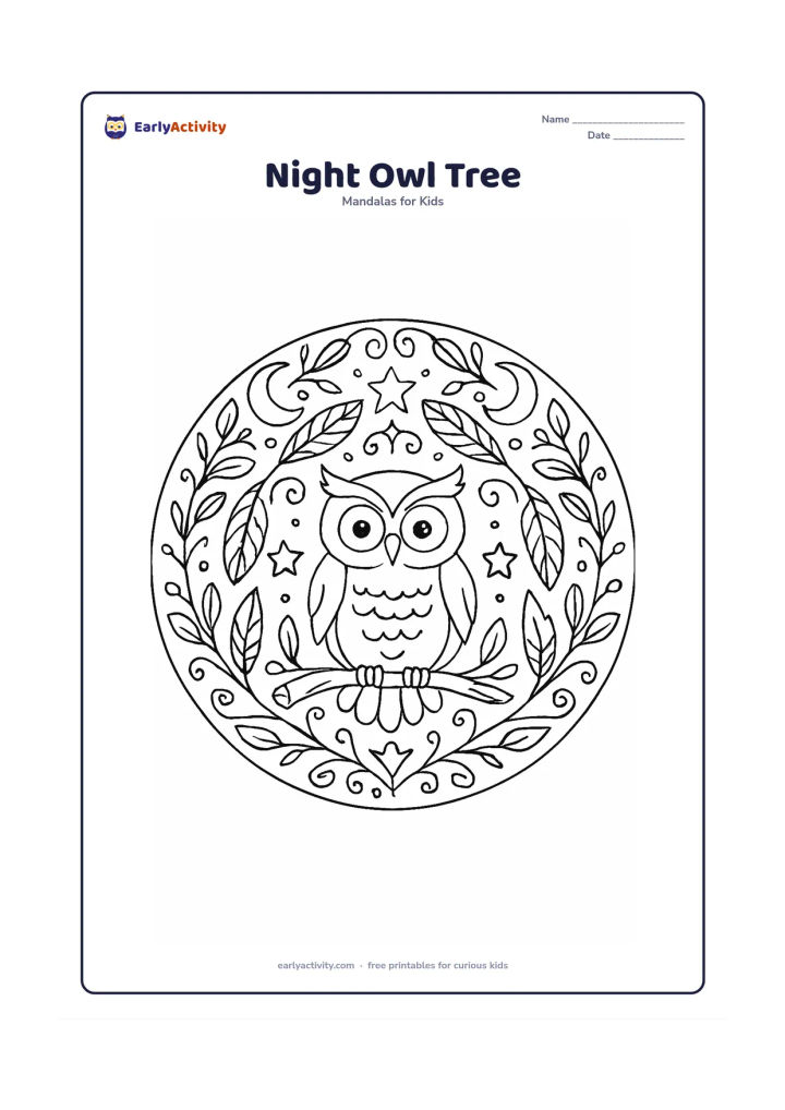 Colouring page: A detailed circular mandala with a friendly owl sitting on a branch at the centre, surrounded by repeated moons, stars, feathers, leaves and curling branches. Keep the owl calm and…