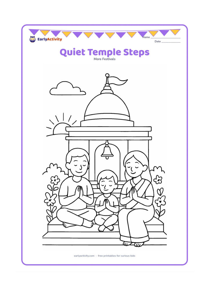 Colouring page: Draw a family of three sitting quietly on the steps of a Jain temple at sunrise, with folded hands, a bell shape without markings and flowering shrubs.