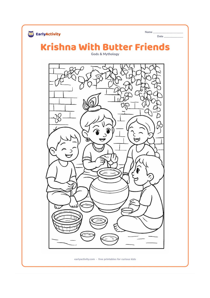Colouring page: Baby Krishna and three friends sit around a large matki after sharing butter, with small bowls, woven baskets and a village wall covered by climbing plants. Show different seated poses…