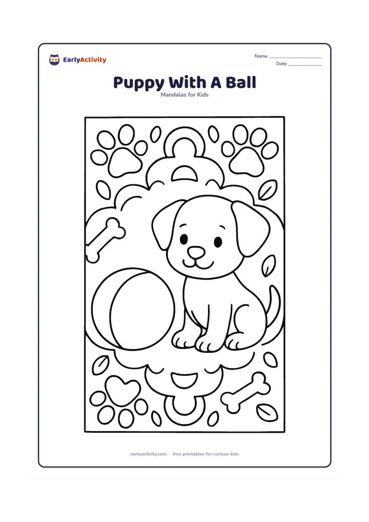 Colouring page: A playful puppy sits beside a large round ball in the centre of a mandala. Surround them with big paw-print-like circles, simple leaves, bones without markings and curved repeated shapes.