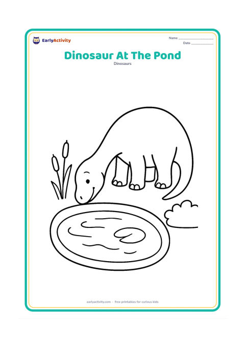 Colouring page: A friendly long-necked dinosaur bends down to drink beside a large oval pond. Add two reeds, a lily pad and a low bush.