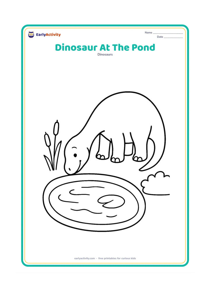 Colouring page: A friendly long-necked dinosaur bends down to drink beside a large oval pond. Add two reeds, a lily pad and a low bush.