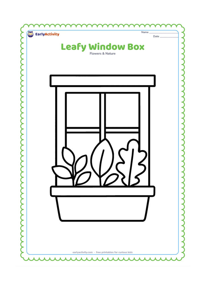 Colouring page: A simple window box outside a home contains three large leafy plants with different broad leaf shapes, with a plain window and sill behind.