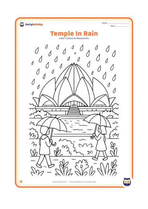 Colouring page: Draw the Lotus Temple during a gentle monsoon shower, with large raindrops, wet reflecting pools, umbrellas held by two visitors, and lush garden plants. Keep the building fully visible…