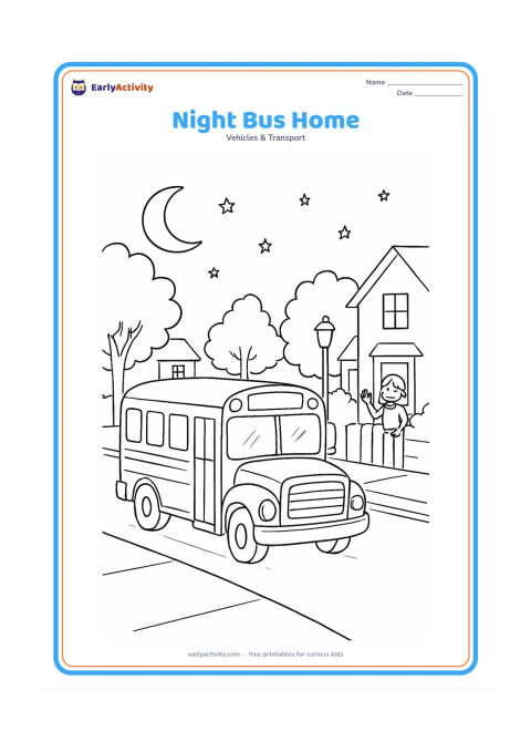 Colouring page: Draw a school bus travelling home at early evening with glowing-but-empty windows, a crescent moon, stars, street trees, houses, a lamp post, and a parent waving from a gate. Keep the…