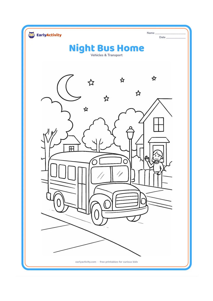 Colouring page: Draw a school bus travelling home at early evening with glowing-but-empty windows, a crescent moon, stars, street trees, houses, a lamp post, and a parent waving from a gate. Keep the…