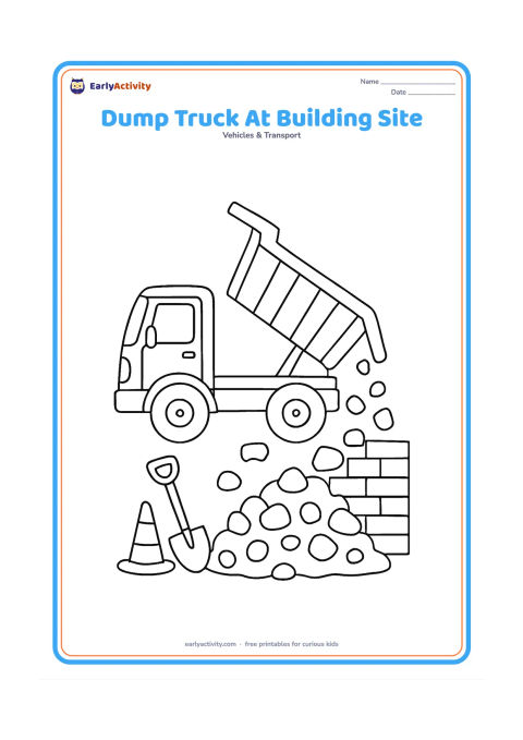 Colouring page: A dump truck tips a load of gravel beside a partly built wall with stacked bricks, a shovel and a simple safety cone. Show the raised dumper and falling stones clearly.