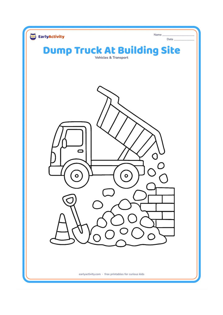 Colouring page: A dump truck tips a load of gravel beside a partly built wall with stacked bricks, a shovel and a simple safety cone. Show the raised dumper and falling stones clearly.