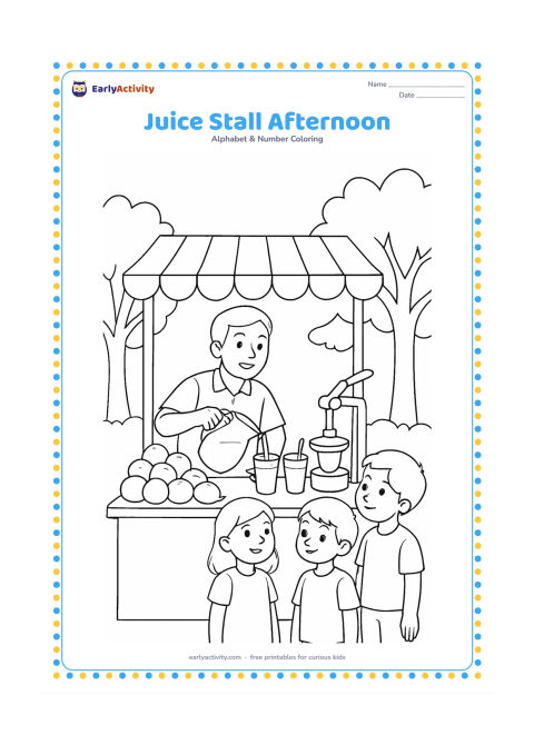 Colouring page: Draw a busy but friendly Indian juice stall with a vendor pouring juice from a jug, fruit piled on a counter, glasses with straws, a hand press, and two customers waiting. Add an awning…
