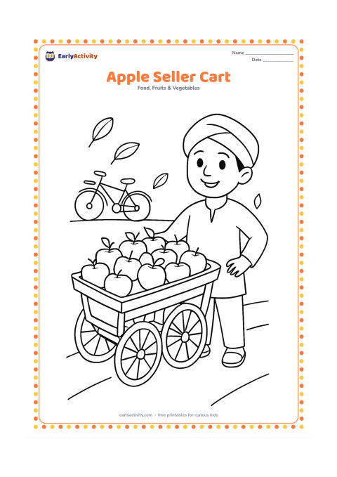 Colouring page: Draw a hand-pushed Indian fruit cart loaded with apples in shallow baskets, with a friendly seller standing beside it. Include a simple road line, a bicycle in the background and a few…