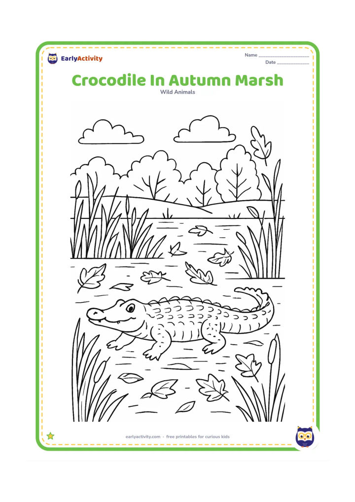 Colouring page: Draw a crocodile moving through an autumn marsh with tall grasses, fallen leaves, seed heads, shallow pools, reeds, and distant trees. Include a few floating leaves and reflected shapes…