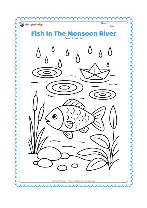 Colouring page: Draw a freshwater fish swimming beneath a rainy river surface, with large raindrop rings, reeds, broad leaves, stones and a small paper boat floating above the water. Keep the underwater…