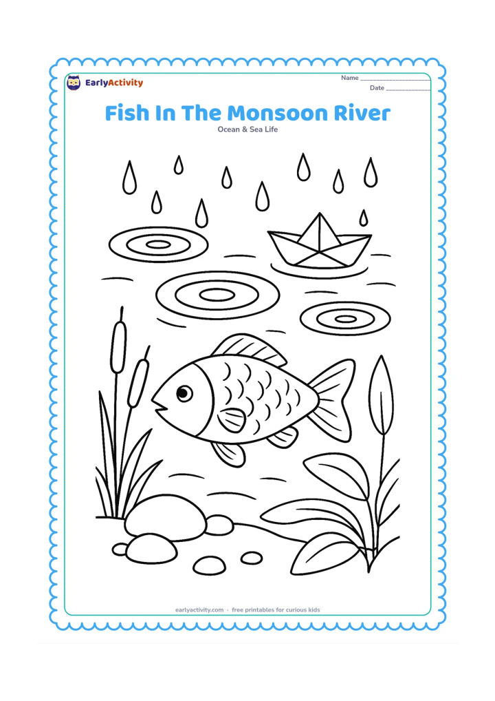 Colouring page: Draw a freshwater fish swimming beneath a rainy river surface, with large raindrop rings, reeds, broad leaves, stones and a small paper boat floating above the water. Keep the underwater…