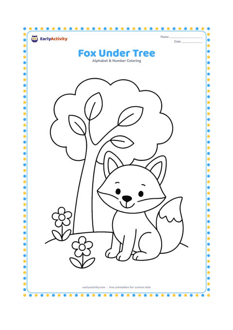 Colouring page: Draw a friendly fox sitting beneath a broad leafy tree, with a few large leaves and two simple flowers on the ground.
