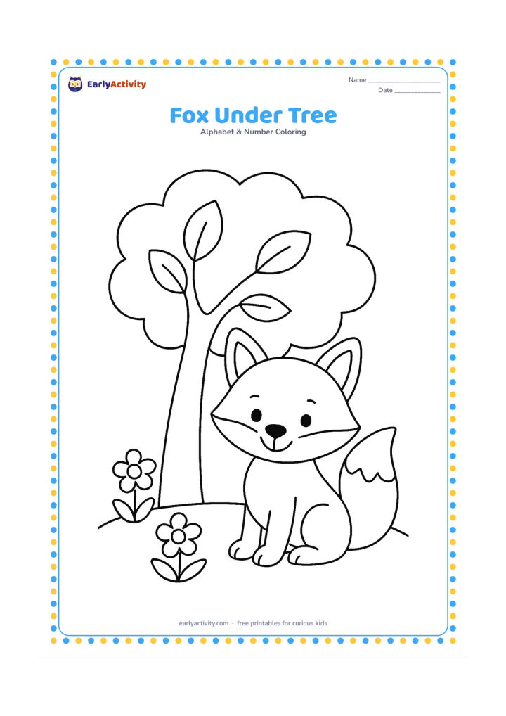 Colouring page: Draw a friendly fox sitting beneath a broad leafy tree, with a few large leaves and two simple flowers on the ground.