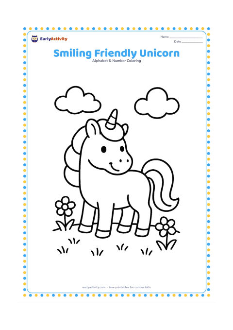 Colouring page: Draw a gentle unicorn standing in a meadow with a rounded mane, small horn, flowers and two clouds. Give it a cheerful expression and a relaxed pose.