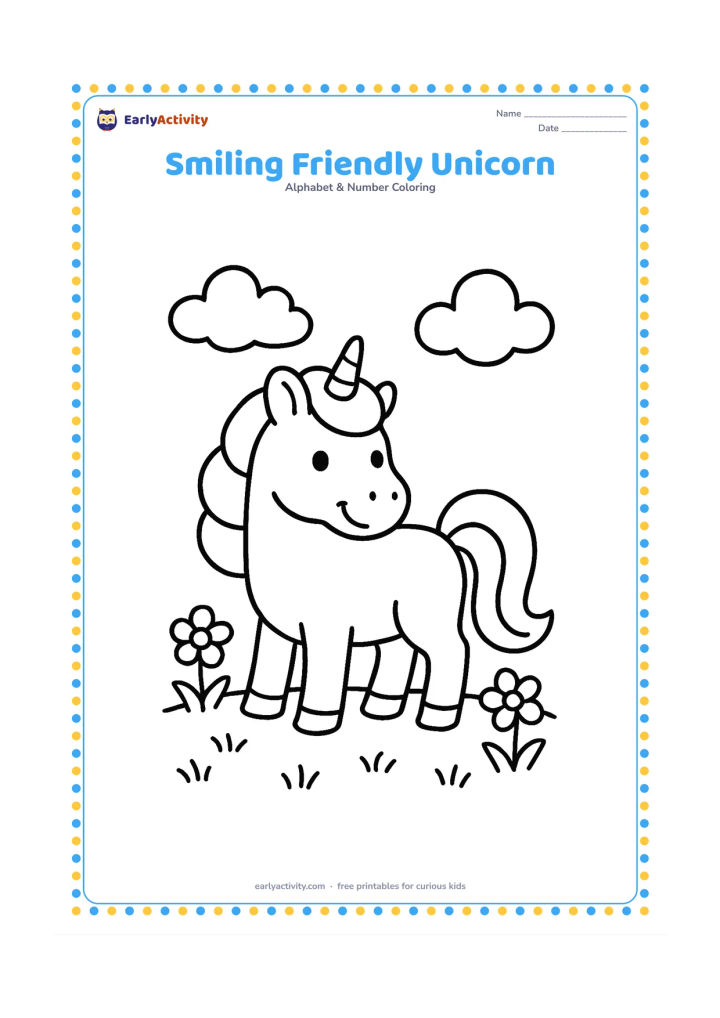 Colouring page: Draw a gentle unicorn standing in a meadow with a rounded mane, small horn, flowers and two clouds. Give it a cheerful expression and a relaxed pose.