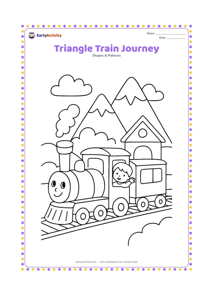 Colouring page: Draw a friendly toy train moving past countryside, with triangular mountain peaks, a triangular roof on a station, and a child waving from a window. Include round wheels and a simple track.