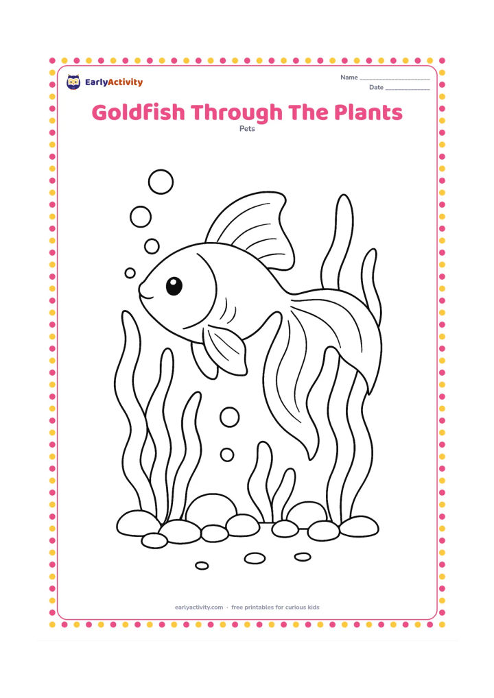 Colouring page: Draw a goldfish weaving between three aquarium plants, with its body angled upward and its tail curling behind it. Add rounded gravel, bubbles and a few visible gill lines.