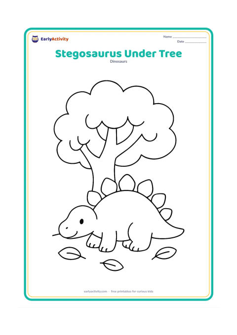 Colouring page: Draw a stegosaurus resting beneath one large leafy tree with a thick trunk. Show its tail extending to one side, its plates above its back, and a few fallen leaves on the ground.