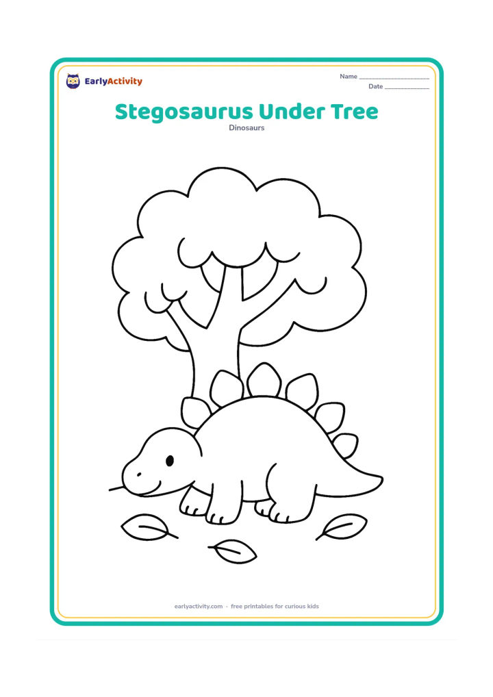 Colouring page: Draw a stegosaurus resting beneath one large leafy tree with a thick trunk. Show its tail extending to one side, its plates above its back, and a few fallen leaves on the ground.