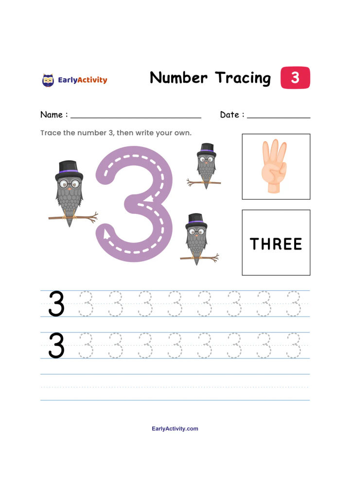 Worksheet showing a large number 3 to trace, dotted tracing lines, the word THREE, a hand showing three fingers, and three owls.