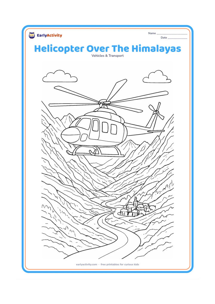 Colouring page: Draw a transport helicopter crossing a detailed Himalayan valley with layered peaks, snowy ridges, a winding road and a tiny mountain settlement. Show the helicopter from a three-quarter…