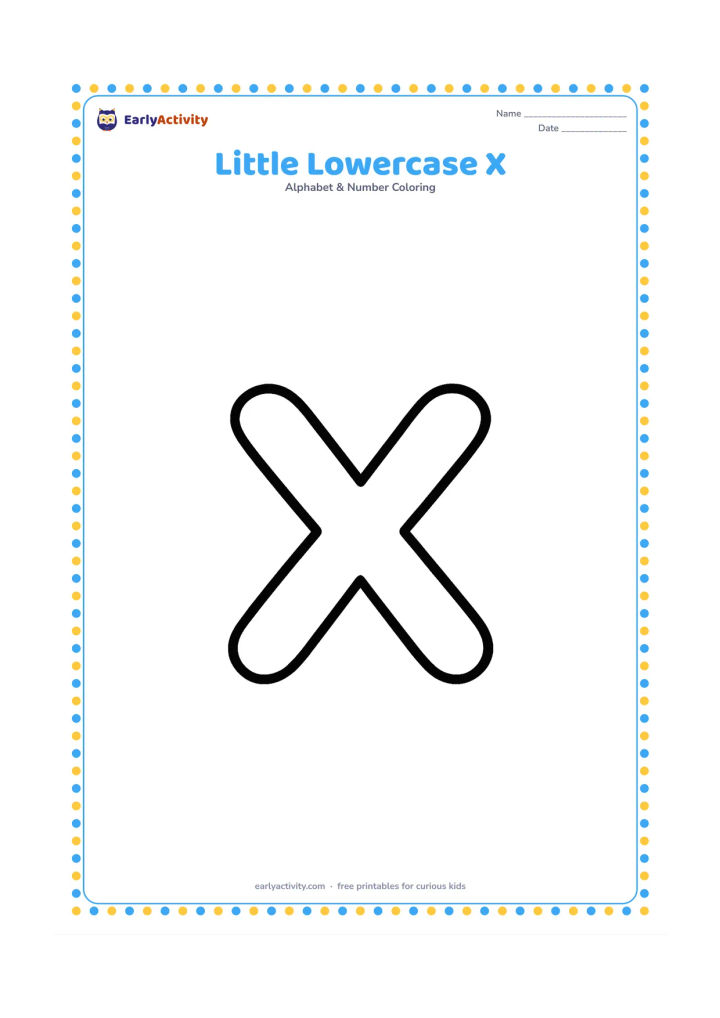 Colouring page: Draw one large, empty lowercase x shape centered on the page, with generous white space and no other objects.