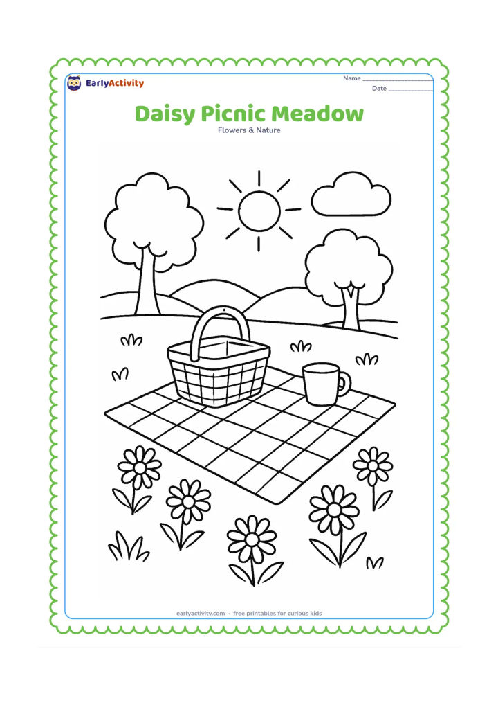 Colouring page: Draw a picnic blanket surrounded by daisies in a sunny meadow, with a basket, a cup, two trees and distant hills. Place several flowers in the foreground around the blanket.