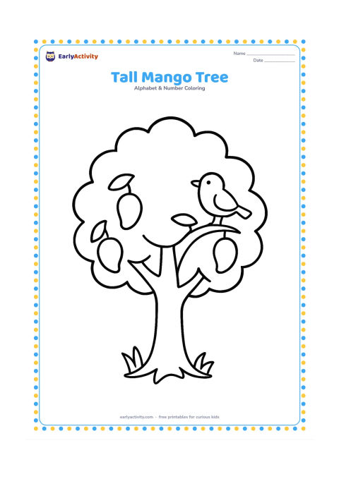 Colouring page: Draw a large leafy mango tree with a sturdy trunk, a few hanging mangoes, and a small patch of grass at the base. Include one simple bird sitting on a branch.