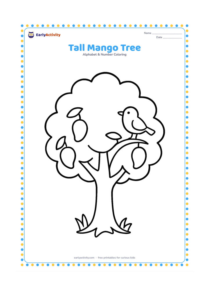 Colouring page: Draw a large leafy mango tree with a sturdy trunk, a few hanging mangoes, and a small patch of grass at the base. Include one simple bird sitting on a branch.
