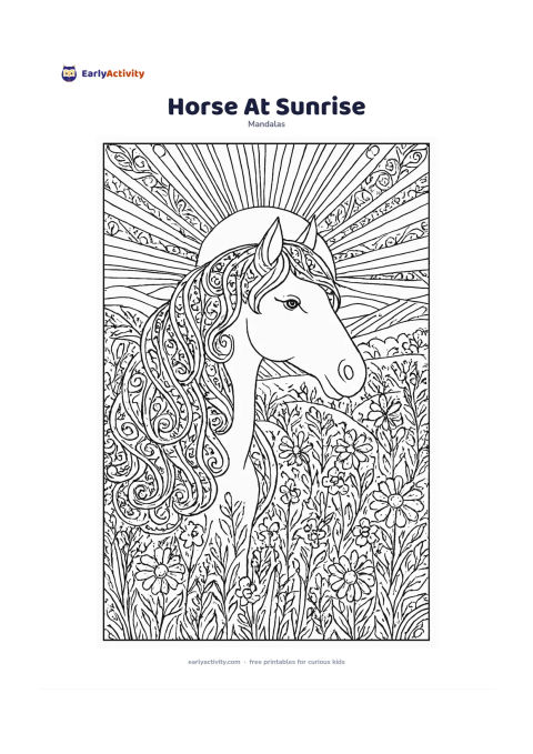 Colouring page: Show a calm horse in profile at the centre with its mane flowing into curved mandala bands. Surround it with rising sun rays, meadow grasses, wildflowers, distant hills, and repeating…