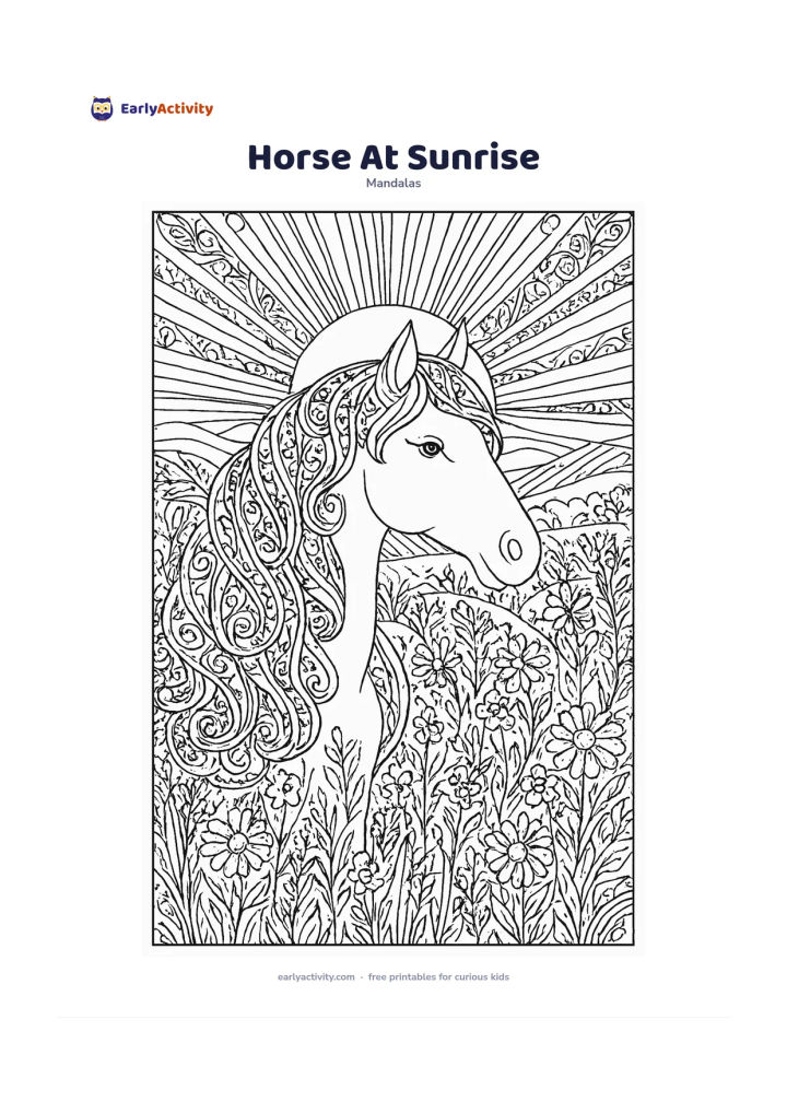 Colouring page: Show a calm horse in profile at the centre with its mane flowing into curved mandala bands. Surround it with rising sun rays, meadow grasses, wildflowers, distant hills, and repeating…