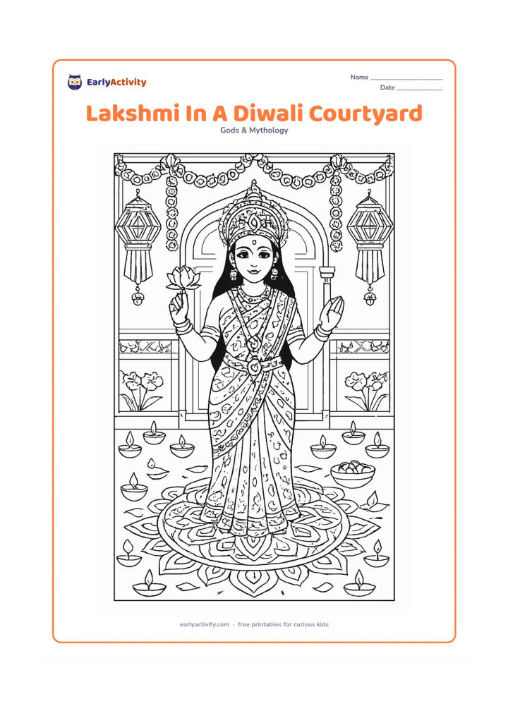 Colouring page: Draw Goddess Lakshmi standing in a richly decorated Indian courtyard during Diwali, with rows of diyas, a large symmetrical rangoli, flower garlands, hanging lanterns, and a doorway…