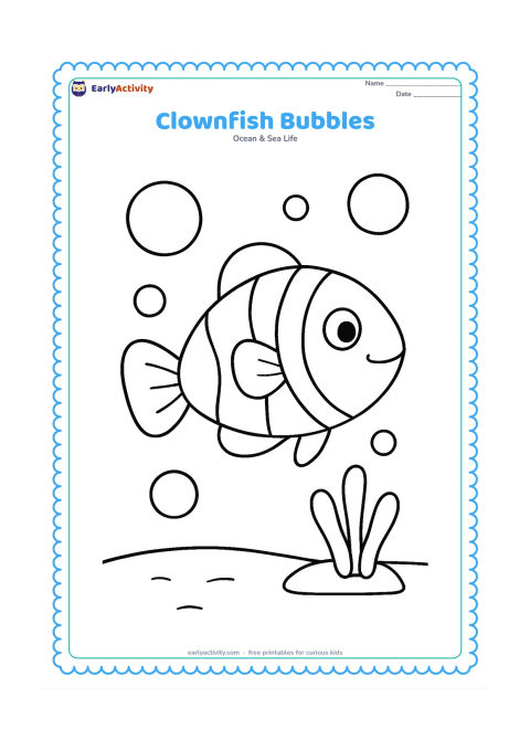 Colouring page: Show one big clownfish swimming upward through several large round bubbles. Add a simple sandy seabed and one chunky sea plant at the bottom.