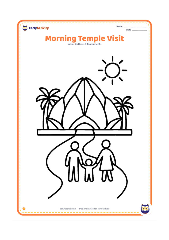 Colouring page: Show the Lotus Temple with a rising sun, two simple palm trees, a path, and one small family walking toward the entrance. The temple should occupy the centre and upper half of the page.