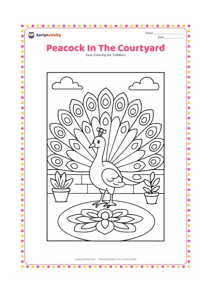 Colouring page: Draw an Indian peacock standing with its tail fully fanned, showing large eye-shaped feather sections and a small crest. Place it in a courtyard with a low wall, two potted plants and a…