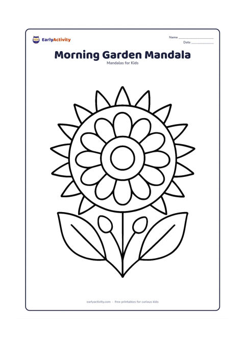 Colouring page: A large round mandala with an open flower at the centre, wide petals around it and simple sun rays forming the outer ring. Add two large leaves and a pair of simple flower buds.
