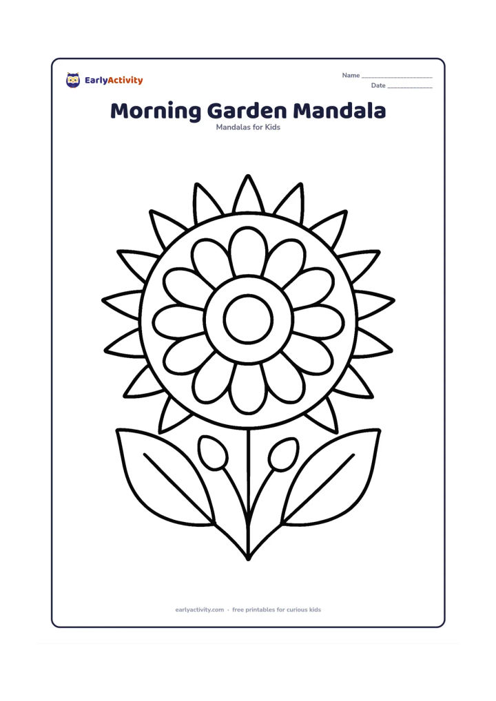 Colouring page: A large round mandala with an open flower at the centre, wide petals around it and simple sun rays forming the outer ring. Add two large leaves and a pair of simple flower buds.