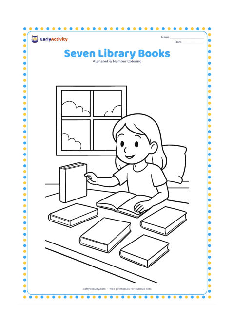 Colouring page: Draw exactly seven blank books arranged on a library table, with some standing, some lying flat and one open. Add a window, a reading cushion and a child reaching for a book; all covers…