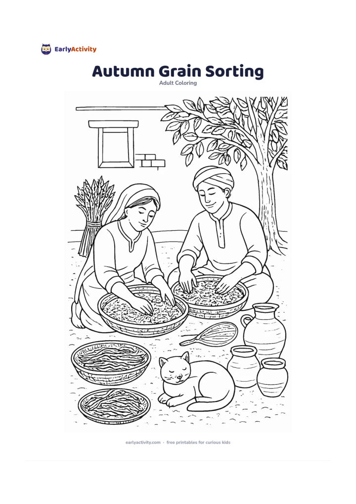 Colouring page: Show two people sorting harvested grain in a sunny courtyard, with shallow baskets, sheaves, a hand fan, a resting cat, drying chillies, clay pots, and a leafy tree. Arrange the baskets…